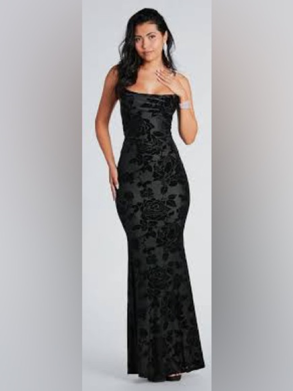 Windsor Black Floral Velvet Burnout Strapless Mermaid Maxi Dress